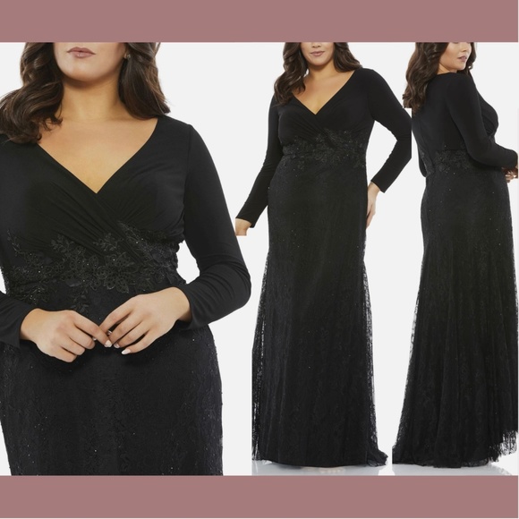 NWT Mac‎ Duggal [ 20W ] Wrap-over Long Sleeve Lace Applique Trumpet Gown Black - Picture 1 of 14